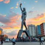 A Szabadság Emlékműve Doualában, háttérben lenyűgöző naplementével.