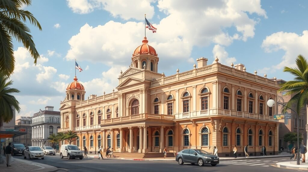 Akwa Palace pompás építészete Douala városában Kamerunban.