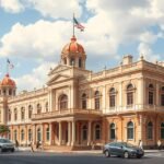 Akwa Palace pompás építészete Douala városában Kamerunban.