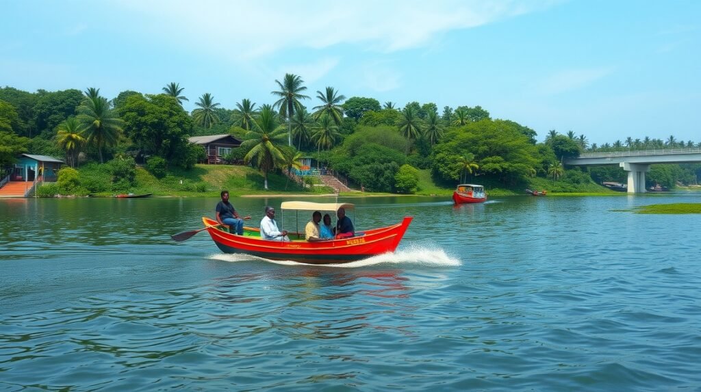 Hajókázás a Wouri folyón Doualában, zöld környezetben.
