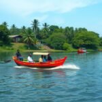 Hajókázás a Wouri folyón Doualában, zöld környezetben.