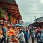 Színes pultok és emberek a Douala-i Sandaga Piacon.