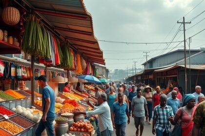 Színes pultok és emberek a Douala-i Sandaga Piacon.