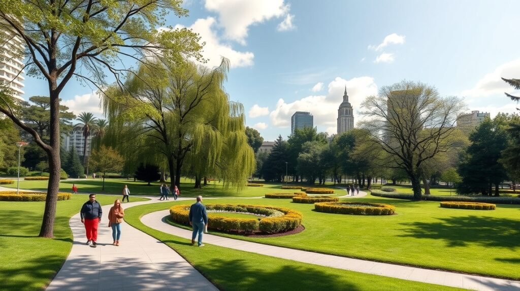 Zöld park sétányokkal és virágoskertekkel Doualában