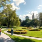 Zöld park sétányokkal és virágoskertekkel Doualában