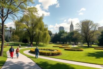 Zöld park sétányokkal és virágoskertekkel Doualában