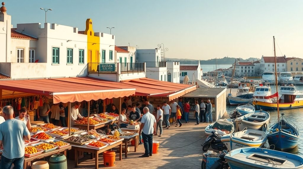 Olhão halpiaca tenger gyümölcseivel és színes csónakokkal