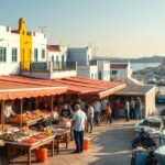 Olhão halpiaca tenger gyümölcseivel és színes csónakokkal