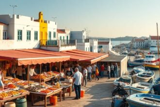 Olhão halpiaca tenger gyümölcseivel és színes csónakokkal