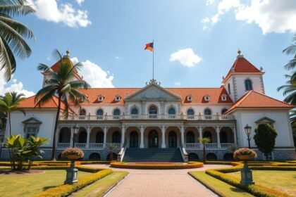 A Kormányzói Palota a Douala-ban, Kamerunban, gyönyörű környezetben.