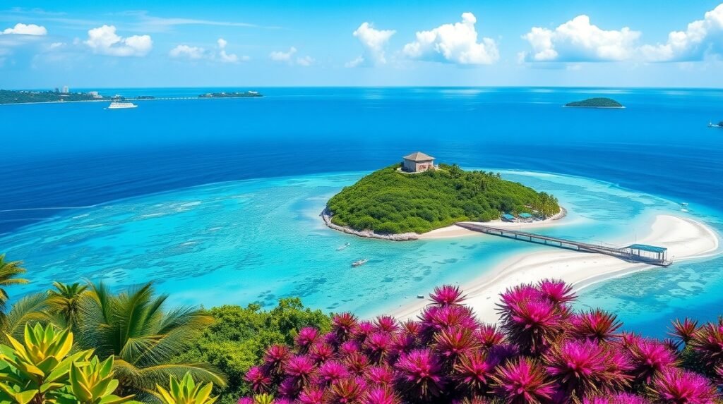 Manoka szigete és környezete, gyönyörű tenger és trópusi növényzet