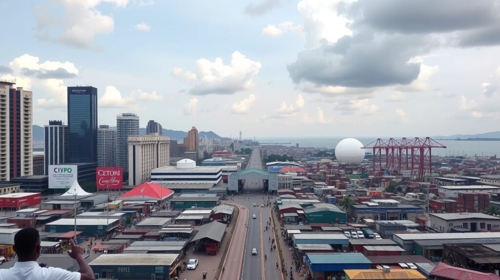 Douala város panoráma, Közép-Afrika gazdasági központja.