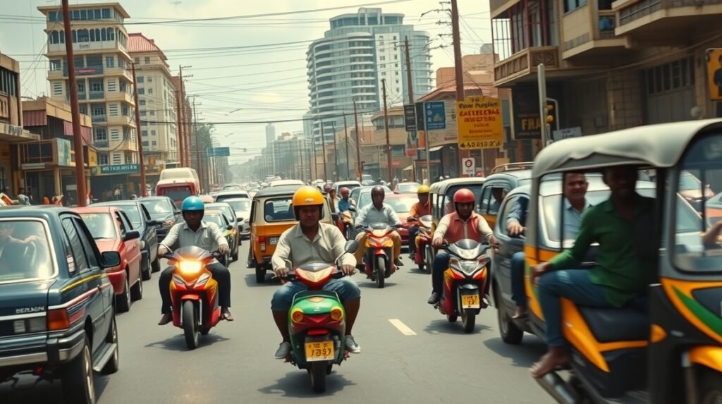 Motoros taxik a dugóban Douala városában Kamerunban.