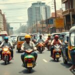 Motoros taxik a dugóban Douala városában Kamerunban.