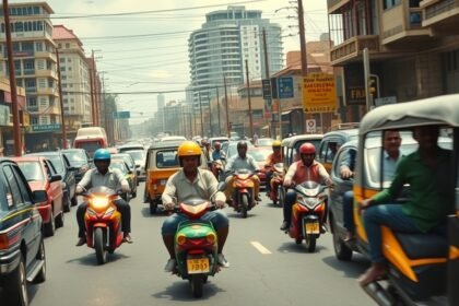 Motoros taxik a dugóban Douala városában Kamerunban.
