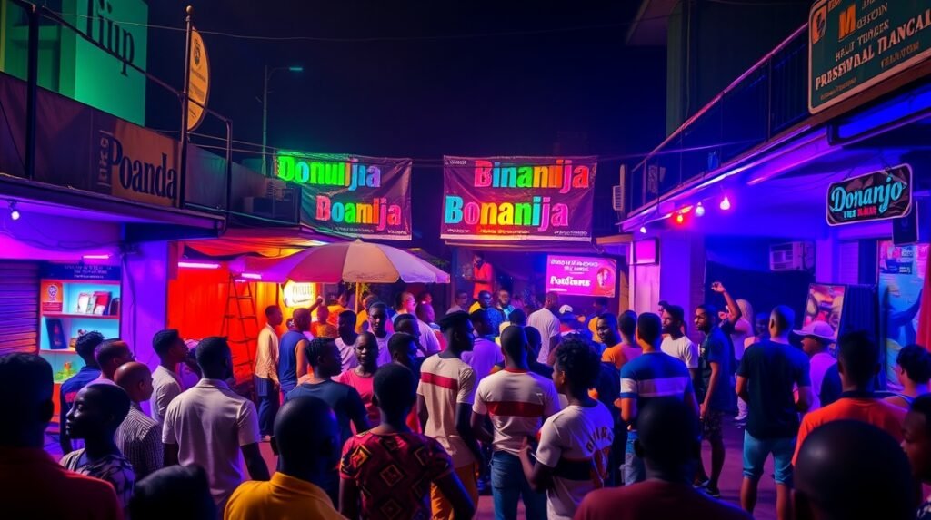 Douala Bonanjo negyedének éjszakai szórakozása, színes fények és táncoló emberek.