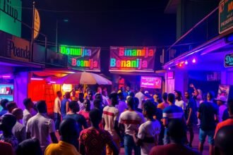 Douala Bonanjo negyedének éjszakai szórakozása, színes fények és táncoló emberek.