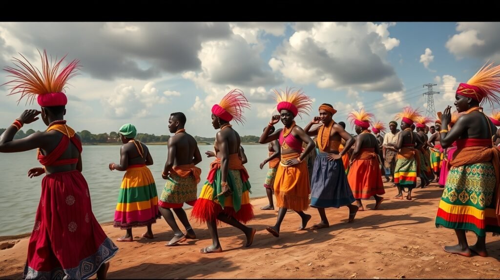 Táncoló Sawa nép tagjai a Ngondo fesztiválon Doualában.