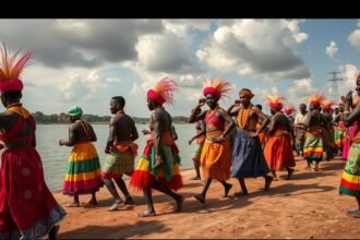 Táncoló Sawa nép tagjai a Ngondo fesztiválon Doualában.