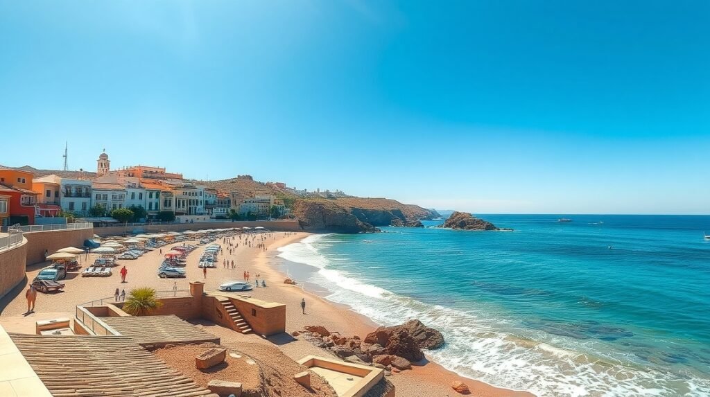 Gyönyörű strand Faro városában, napsütéses időben.