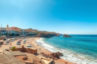 Gyönyörű strand Faro városában, napsütéses időben.