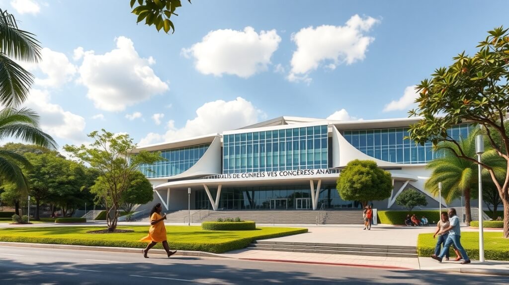Yaoundé Kongresszusi Palota modern építészete és környezete.