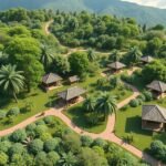 Ahala Eco Park zöld környezete fa kunyhókkal és tanösvényekkel