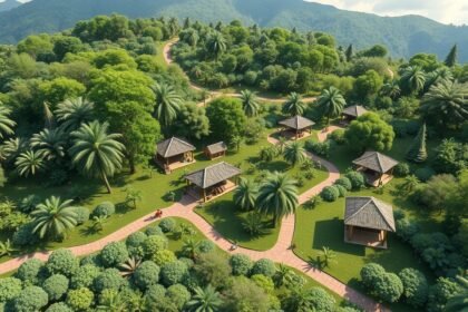 Ahala Eco Park zöld környezete fa kunyhókkal és tanösvényekkel