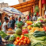 Színes zöldségek és friss gyümölcsök a Mfoundi piacon Yaoundéban