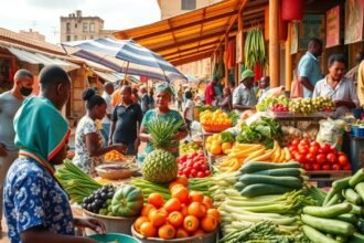 Színes zöldségek és friss gyümölcsök a Mfoundi piacon Yaoundéban