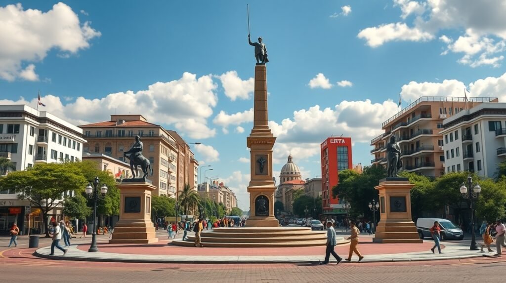 Yaoundé Függetlenség tere emlékművei és helyi élet