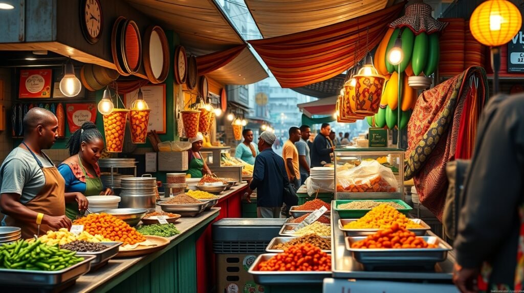 Helyi kifőzde ételek Yaoundé városában, Kamerunban.