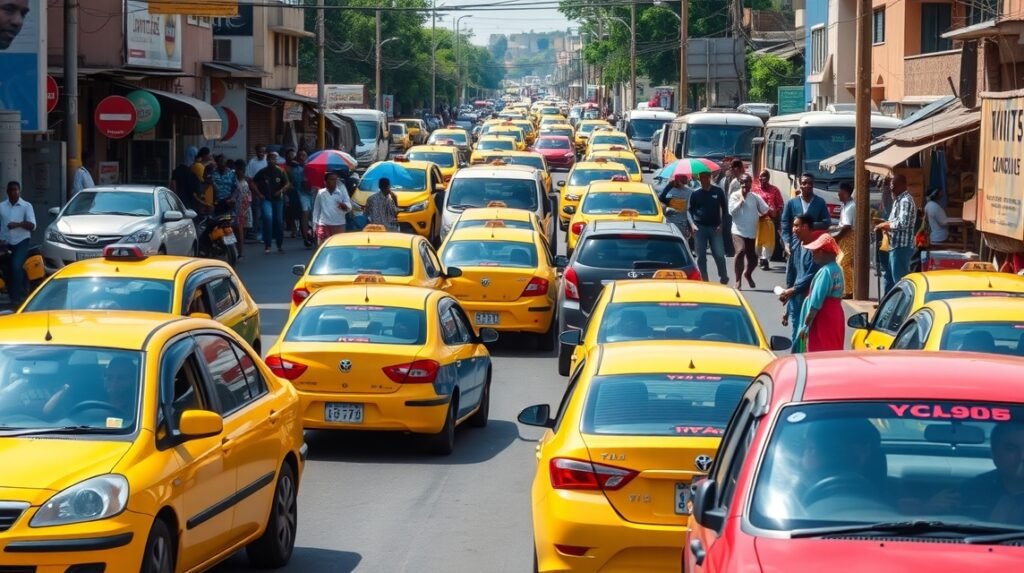 Zajos Yaoundé utcák sárga taxikkal és gyalogosokkal.
