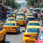 Zajos Yaoundé utcák sárga taxikkal és gyalogosokkal.