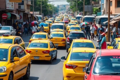 Zajos Yaoundé utcák sárga taxikkal és gyalogosokkal.
