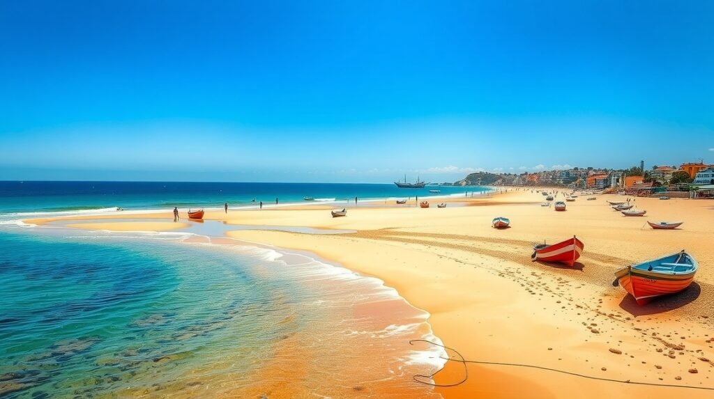 Gyönyörű homokos strand és halászhajók Albufeira városában