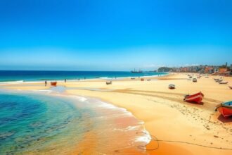 Gyönyörű homokos strand és halászhajók Albufeira városában