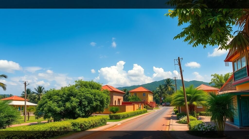 Yaoundé városi táj, napfényes időben, trópusi növényzettel.