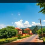 Yaoundé városi táj, napfényes időben, trópusi növényzettel.