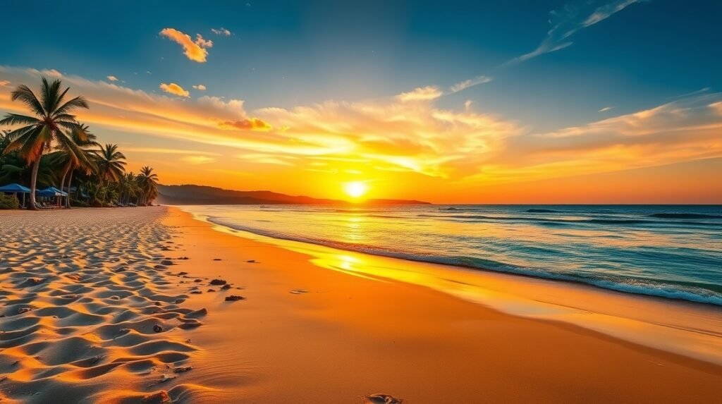 Lenyűgöző naplemente a Grand Batanga strandon Kribiben, Kamerunban.