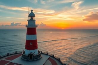 Kribi világítótorony naplementében, lenyűgöző kilátás az óceánra