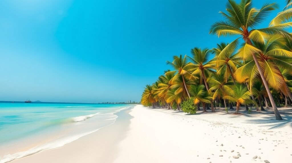 Tara Plage fehér homokos tengerpartja pálmafákkal Kamerunban.