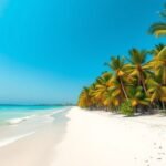 Tara Plage fehér homokos tengerpartja pálmafákkal Kamerunban.