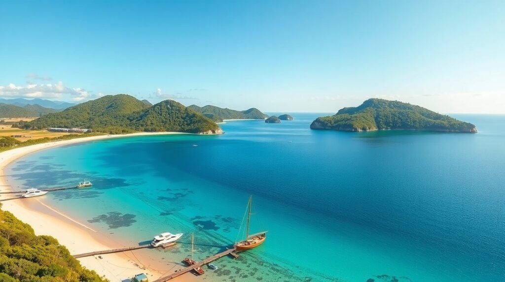 Londji-öböl idilli tája, türkiz víz és zöld dombok