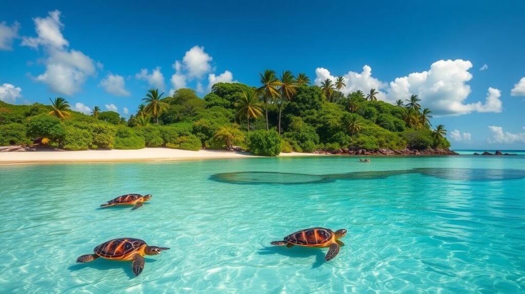Teknősök a Kribi Teknős-sziget kristálytiszta vizében