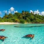 Teknősök a Kribi Teknős-sziget kristálytiszta vizében