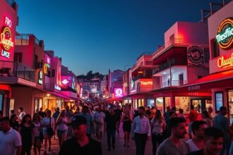 Albufeira éjszakai életének középpontja, The Strip forgalmas utcái