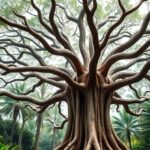 Ebanga Big Web fája Kribiben, lenyűgöző gyökérfonatokkal és zöld növényzet körében.