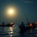 Éjszakai halászat helyi halászokkal Kribiben, Kamerunban.