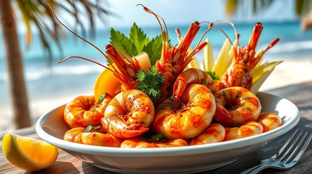 Friss garnélarák tál tengerparti háttérrel Kribiben